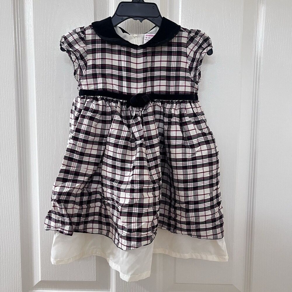 Vintage Gymboree Plaid Silk Dress Velvet Peter Pan Collar Girls SZ 18-24 Months